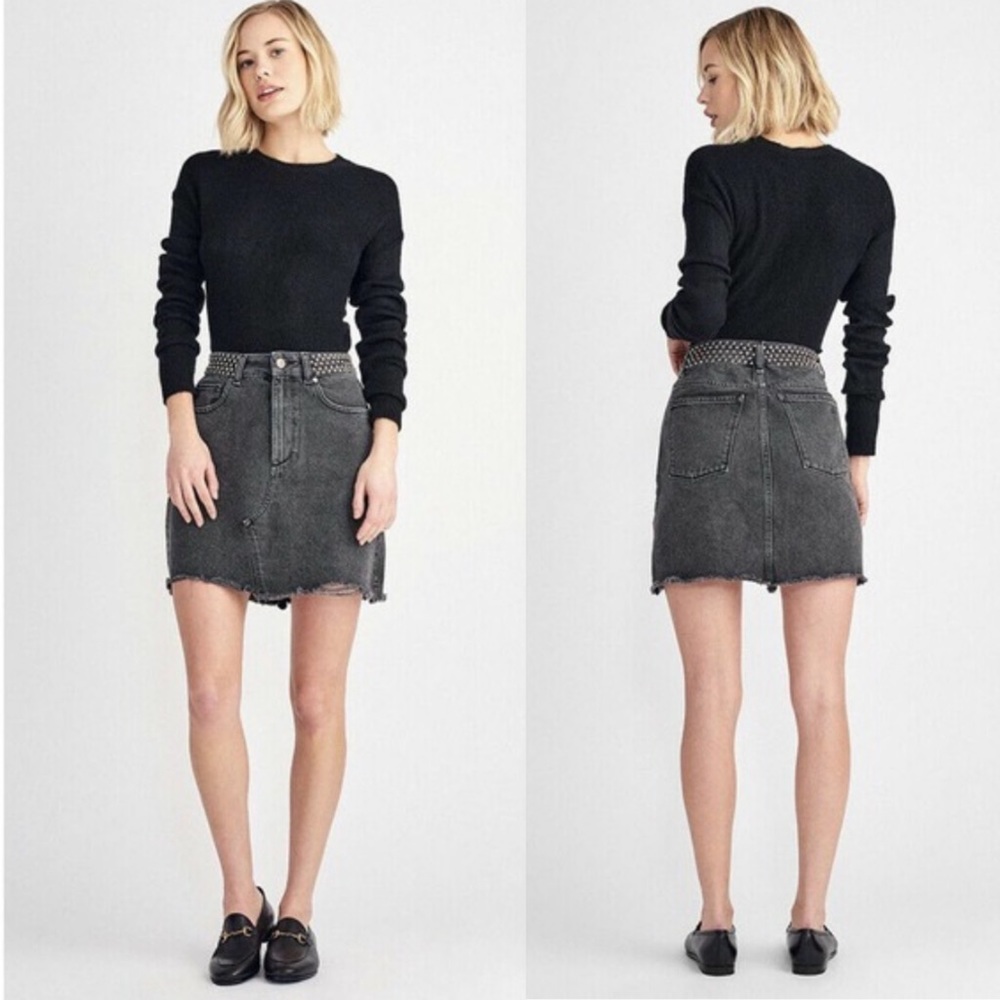 DL1961 Georgia Gray High Rise Wilder Studded Distressed Mini Denim Jean Skirt
